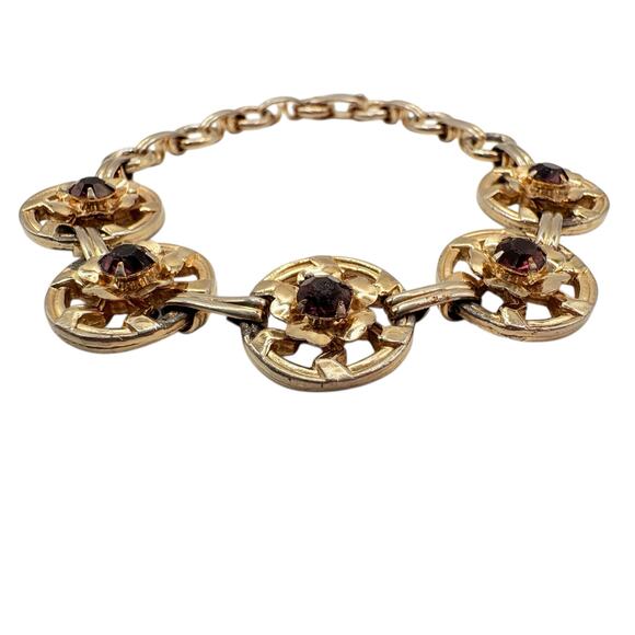 Vintage 1930s Floral Link Bracelet * Gold w Purple Stones • Art Deco Jewelry - Picture 3 of 7